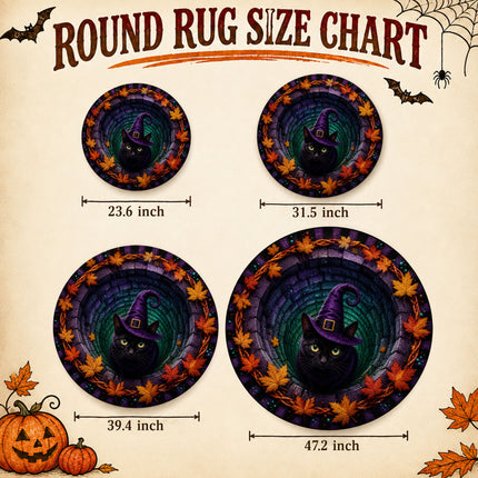 Halloween Round Rug Black Cat Witch Hat Spooky Doormat