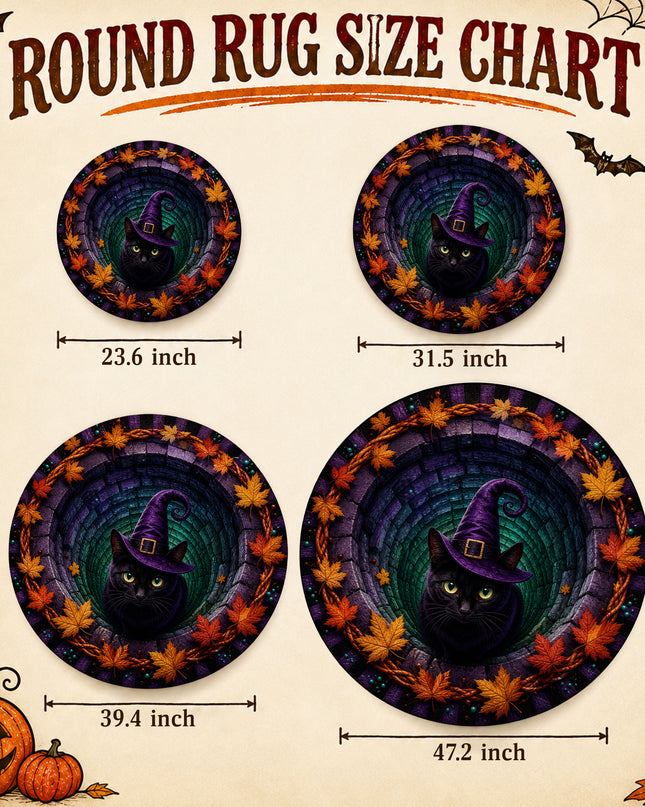 Halloween Round Rug Black Cat Witch Hat Spooky Doormat