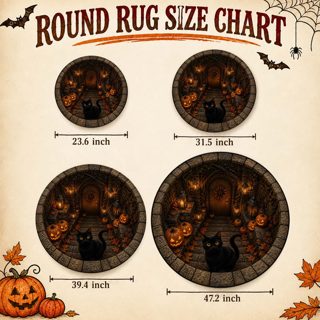 Halloween Round Rug Black Cat Pumpkin Lantern Doormat