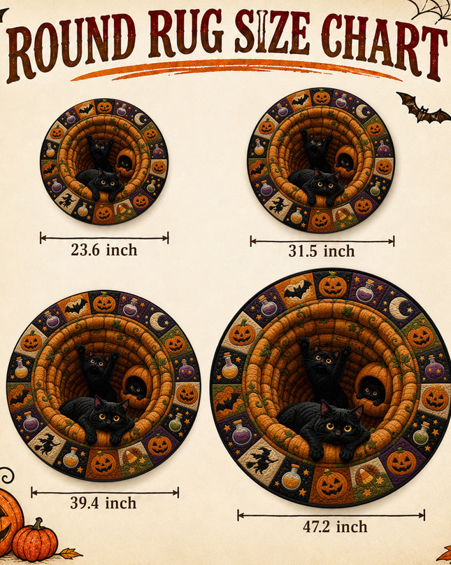 Halloween Round Rug Black Cats Pumpkin Quilt Spooky Doormat