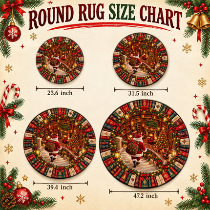 Christmas Round Rug Santa Library Fireplace Doormat