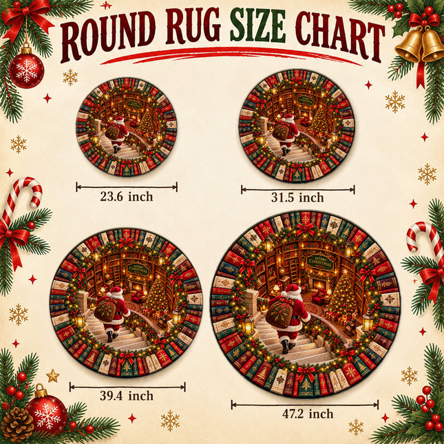 Christmas Round Rug Santa Library Fireplace Doormat