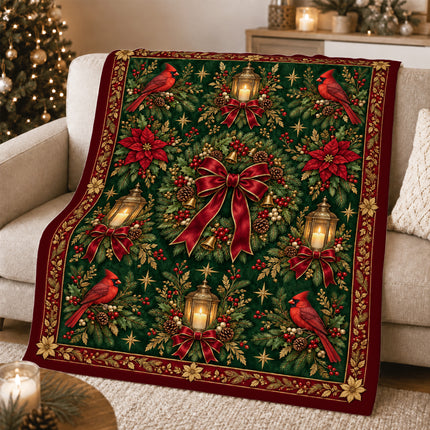 Cardinal Christmas Fleece Blanket Vintage Holiday Wreath
