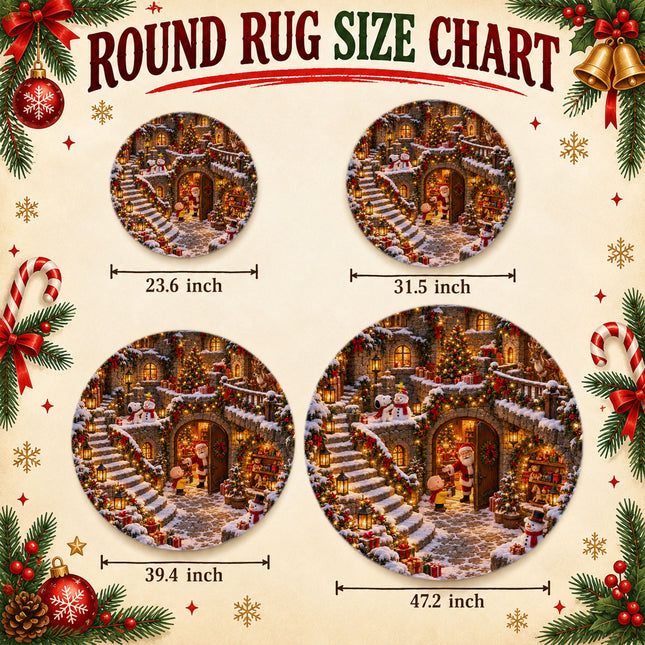 Christmas Round Rug Snowy Village Lanterns Holiday Doormat