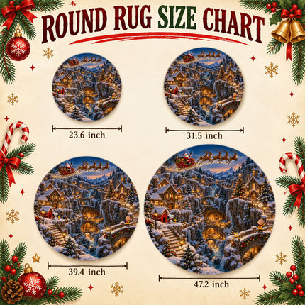 Christmas Round Rug Snowy Mountain Village Holiday Doormat
