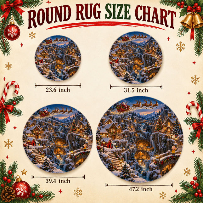 Christmas Round Rug Snowy Mountain Village Holiday Doormat