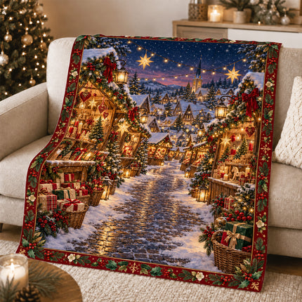 Christmas Market Fleece Blanket Festive Winter Village Decor
