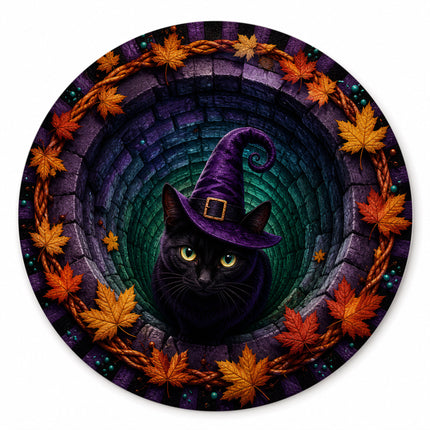 Halloween Round Rug Black Cat Witch Hat Spooky Doormat