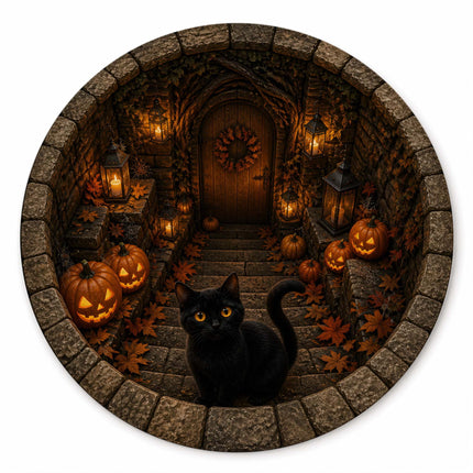 Halloween Round Rug Black Cat Pumpkin Lantern Doormat