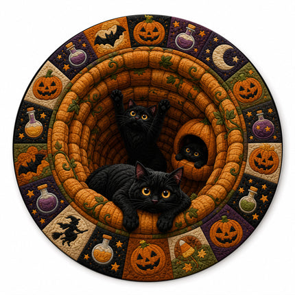 Halloween Round Rug Black Cats Pumpkin Quilt Spooky Doormat