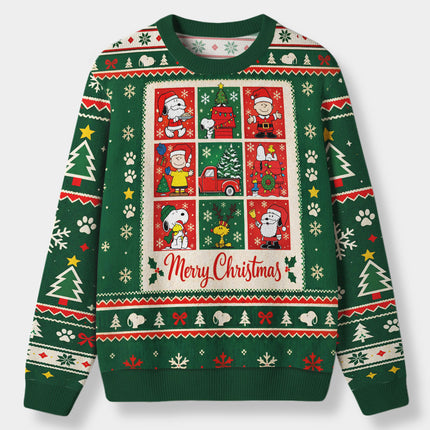 Funny Cartoon Christmas Ugly Sweatshirt Green Holiday Comic Panels