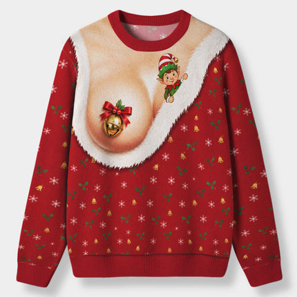 Funny Jingle Bell Ugly Sweatshirt Naughty Christmas Elf Chest Illusion