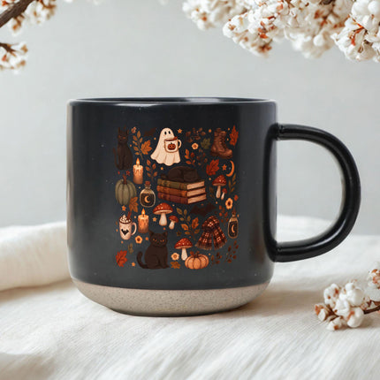 Cozy Black Cat Halloween Pottery Mug Ghost Autumn Gift