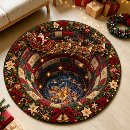 Christmas Round Rug Santa Sleigh Winter Village Doormat