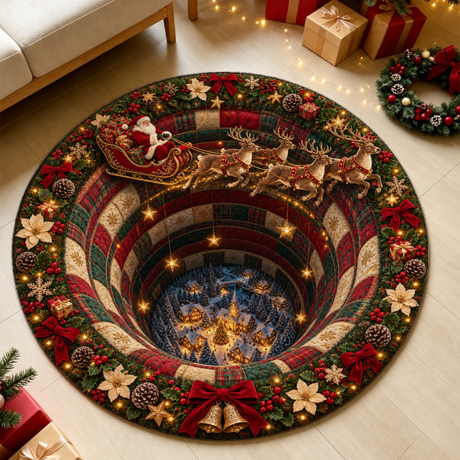 Christmas Round Rug Santa Sleigh Winter Village Doormat