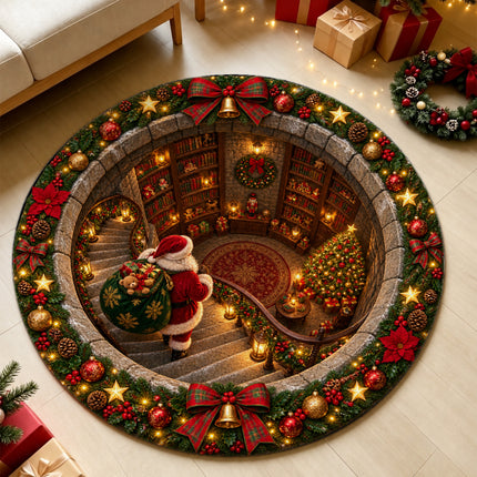 Christmas Round Rug Santa Library Holiday Doormat