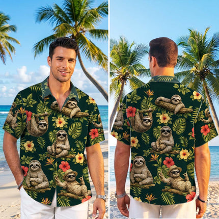 Tropical Sloth Floral Summer Vacation Hawaiian Shirt
