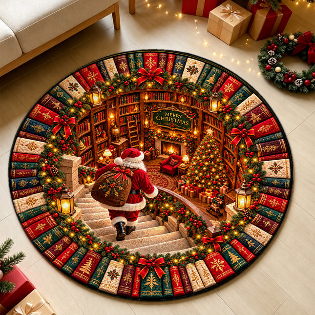 Christmas Round Rug Santa Library Fireplace Doormat
