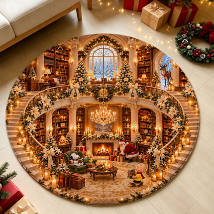Christmas Round Rug Cozy Library Grand Staircase Holiday Doormat