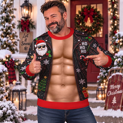 Funny Six Pack Christmas Ugly Sweatshirt Fake Abs Biker Santa Party Outfit