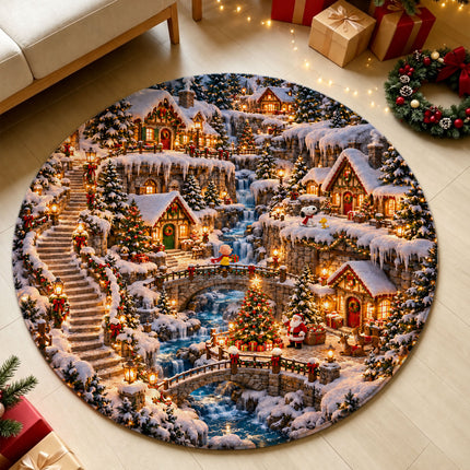 Christmas Round Rug Twinkling Cottage Waterfall Doormat