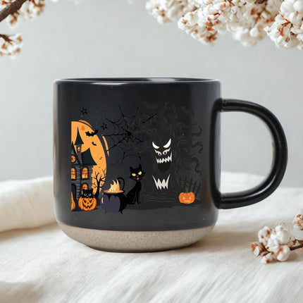 Halloween Pottery Mug Black Cat Haunted House Spooky Cup