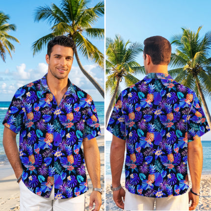 Blue Tropical Pineapple Floral Beach Summer Hawaiian Shirt