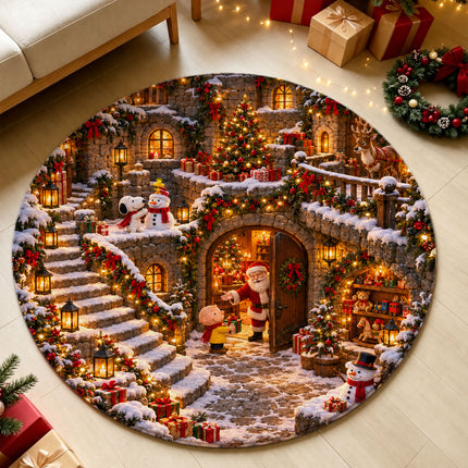 Christmas Round Rug Snowy Village Lanterns Holiday Doormat