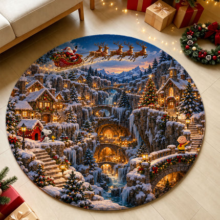 Christmas Round Rug Snowy Mountain Village Holiday Doormat