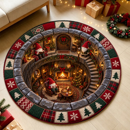 Christmas Round Rug Gnome Cottage Fireplace Doormat