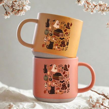 Cozy Black Cat Halloween Pottery Mug Ghost Autumn Gift