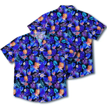 Blue Tropical Pineapple Floral Beach Summer Hawaiian Shirt