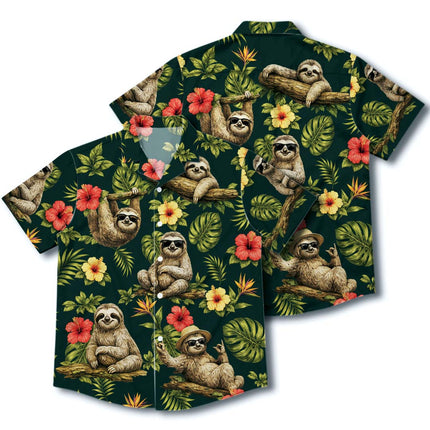Tropical Sloth Floral Summer Vacation Hawaiian Shirt