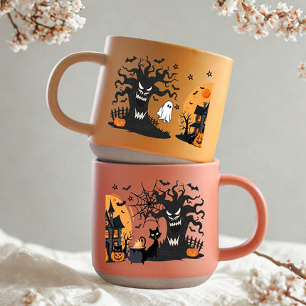 Halloween Pottery Mug Black Cat Haunted House Spooky Cup