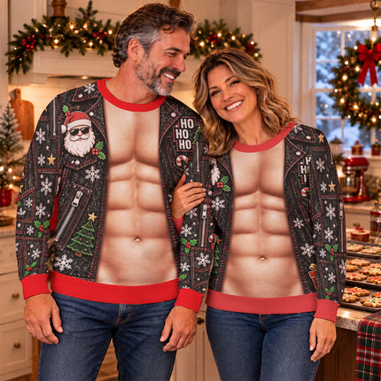 Funny Six Pack Christmas Ugly Sweatshirt Fake Abs Biker Santa Party Outfit