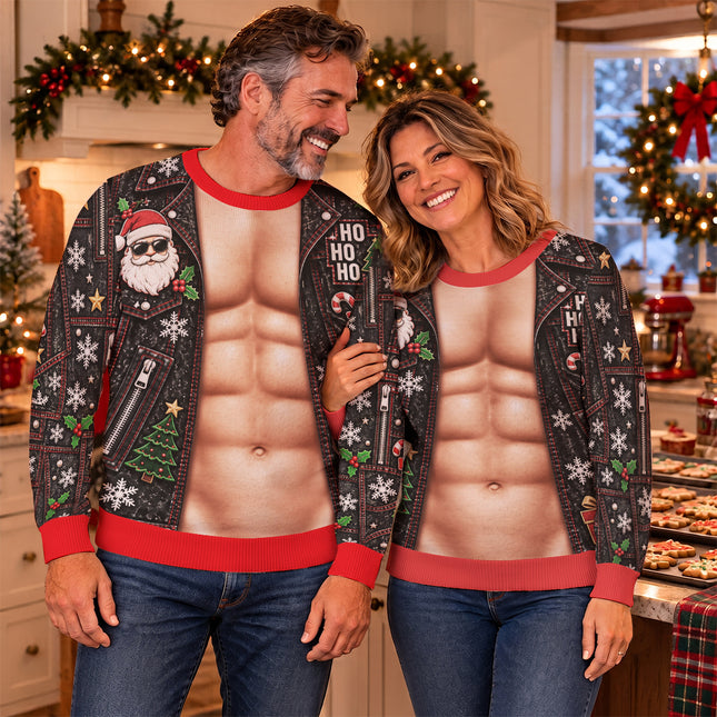 Funny Six Pack Christmas Ugly Sweatshirt Fake Abs Biker Santa Party Outfit