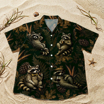 Vintage Raccoon Forest Botanical Summer Hawaiian Shirt