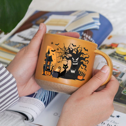 Halloween Pottery Mug Black Cat Haunted House Spooky Cup