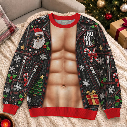 Funny Six Pack Christmas Ugly Sweatshirt Fake Abs Biker Santa Party Outfit
