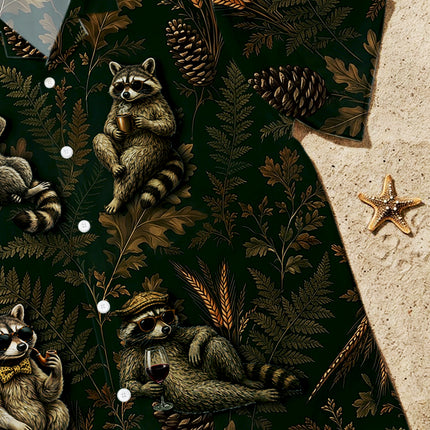 Vintage Raccoon Forest Botanical Summer Hawaiian Shirt