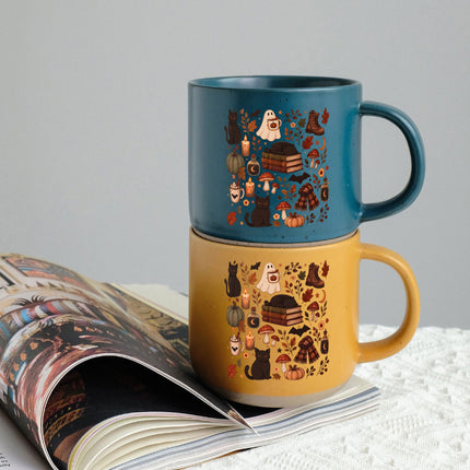 Cozy Black Cat Halloween Pottery Mug Ghost Autumn Gift