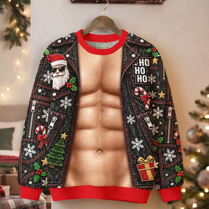 Funny Six Pack Christmas Ugly Sweatshirt Fake Abs Biker Santa Party Outfit