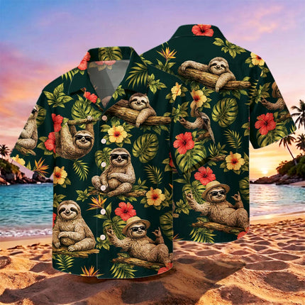 Tropical Sloth Floral Summer Vacation Hawaiian Shirt
