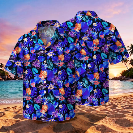 Blue Tropical Pineapple Floral Beach Summer Hawaiian Shirt