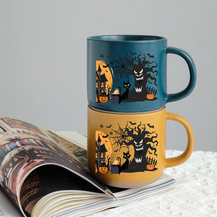 Halloween Pottery Mug Black Cat Haunted House Spooky Cup