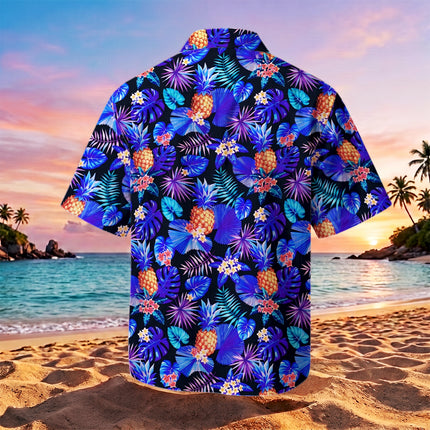 Blue Tropical Pineapple Floral Beach Summer Hawaiian Shirt