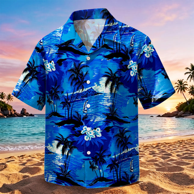 Blue Tropical Island Beach Floral Summer Hawaiian Shirt