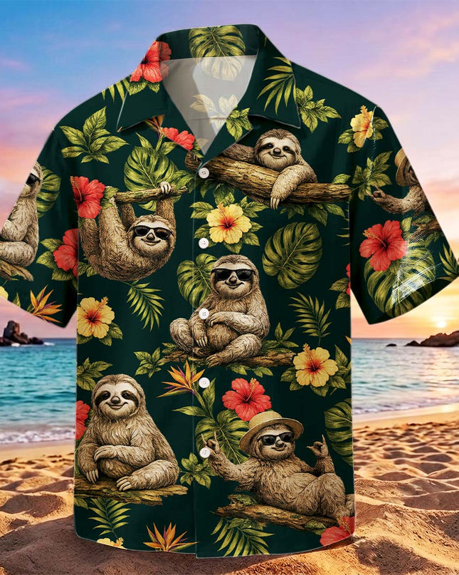 Tropical Sloth Floral Summer Vacation Hawaiian Shirt