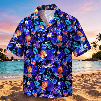 Blue Tropical Pineapple Floral Beach Summer Hawaiian Shirt