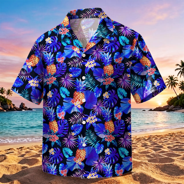 Blue Tropical Pineapple Floral Beach Summer Hawaiian Shirt